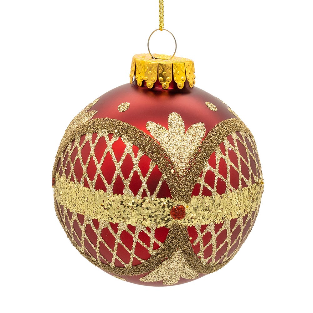 Kurt Adler 80MM Glass Matte Red with Green and Gold Glitter Ball Ornaments